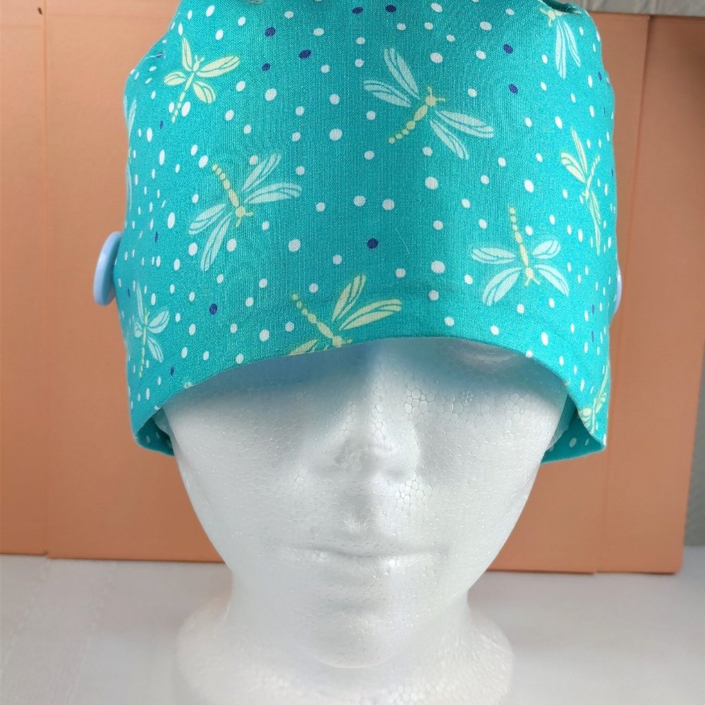 Scrub Cap, Surgical Scrub Cap, Head Wrap, with Buttons/ Teal and Dragonflies